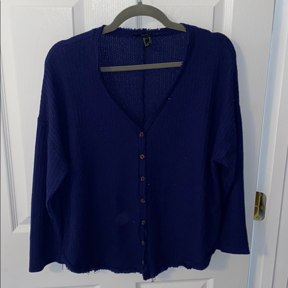 Forever 21 Blue Waffle Knit Button Up Top